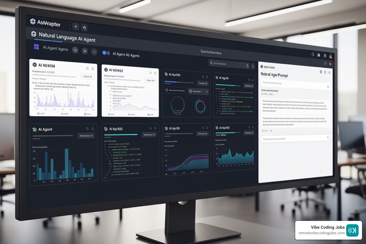 A modern developer dashboard showing multiple AI agents running tasks in parallel alongside a natural language prompt