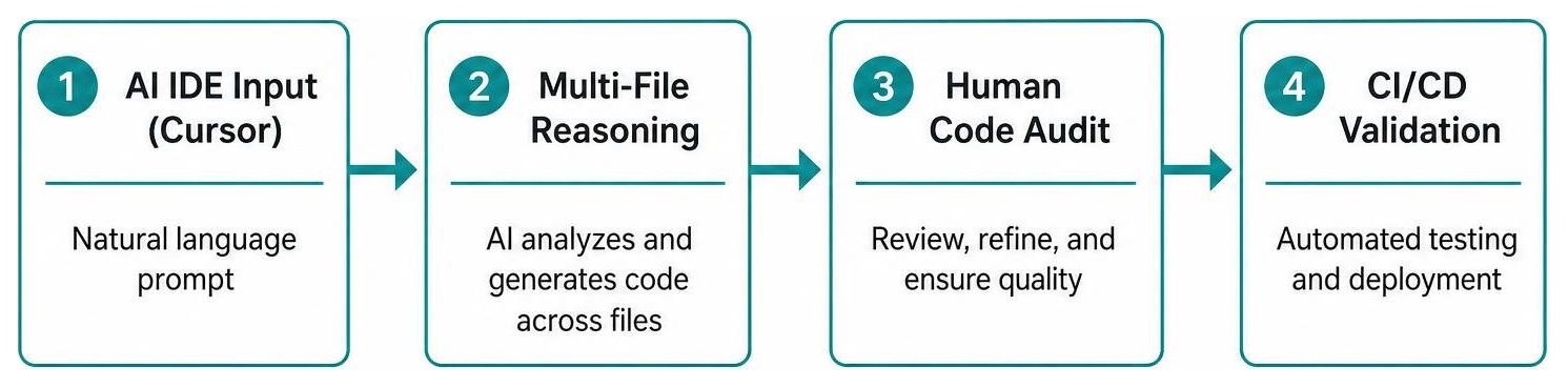 Overview of AI-assisted engineering workflow from prompt input to CI deployment